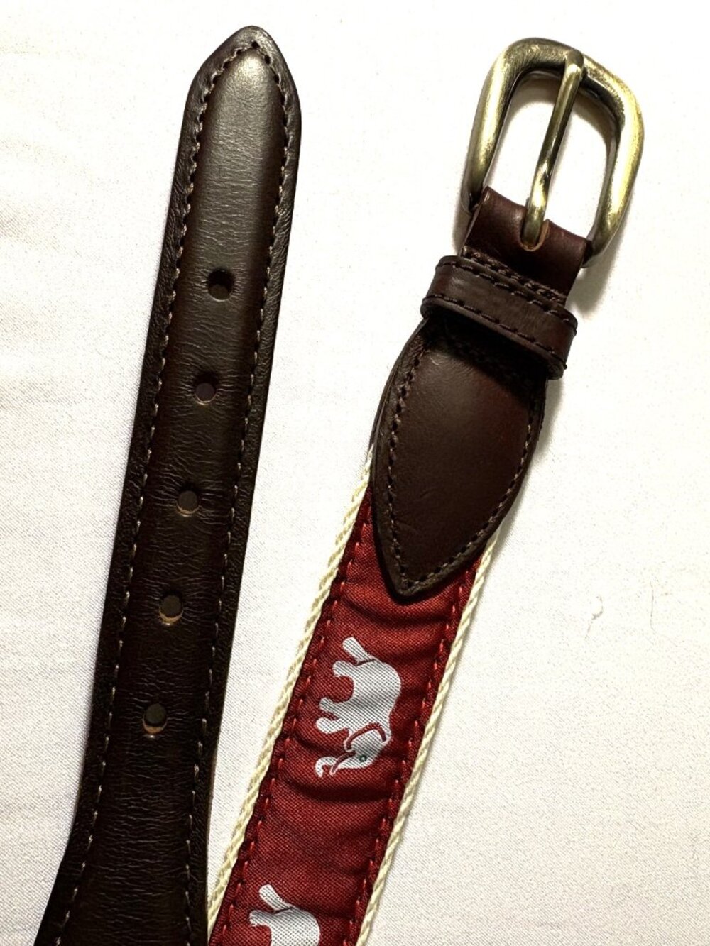 YRI leather Elephant-grey ribbon Belt Brass Buckle Maroon/offwhite strap Sz30/75